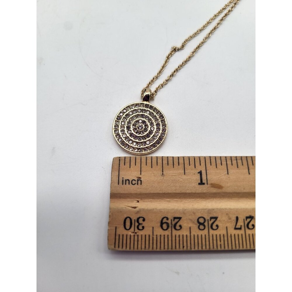 Gold Tone Medallion Pendant Necklace Spiral Circle with Rhinestones Minimalist C - Picture 7 of 10